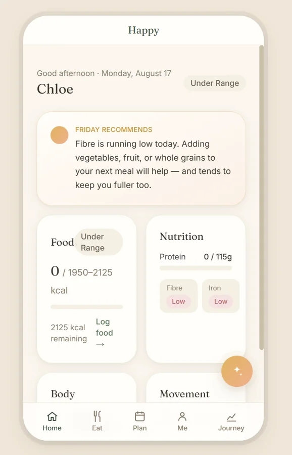 Happy app — home screen with today's nutrition and FRIDAY recommendation