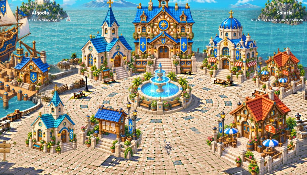 Life Island — the Town Square, with the fountain, guild, church, bank, tavern and physician around the plaza